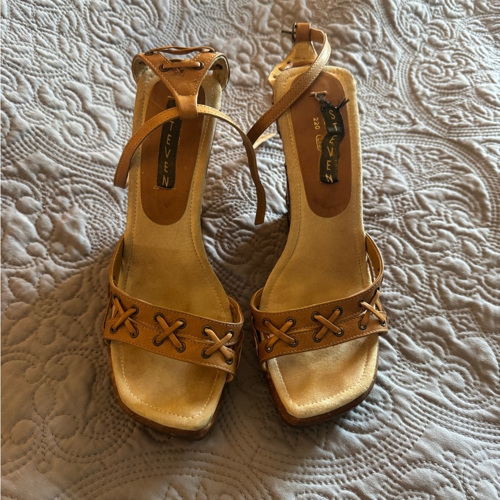Steven By Steve Madden Tan Strappy Leather Platform Heels